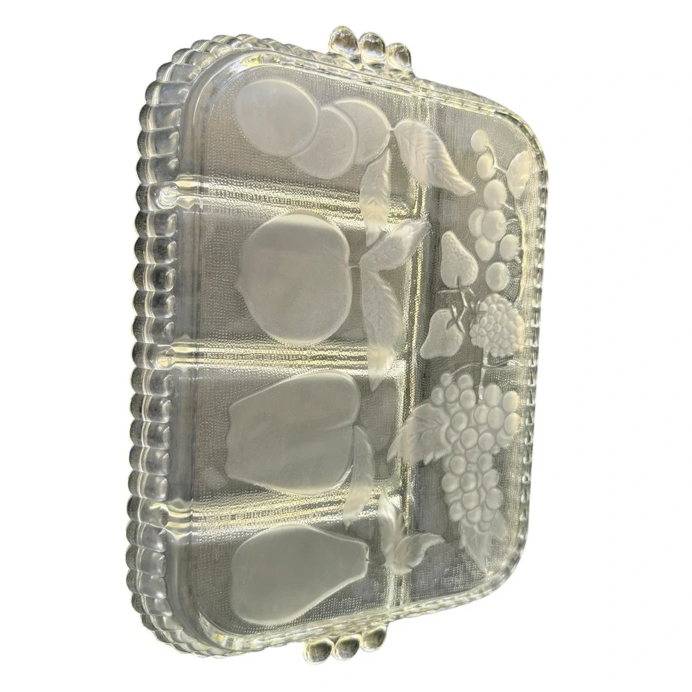 Satin‎ Frost Relish Tray Glass 12x9 Clear Excellent 5 Compartment Fruit Embossed